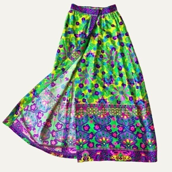Vintage 70s Alex Colman Psychedelic Floral Maxi Wrap Skirt Neon Boho Small - Picture 5 of 16